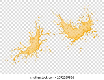 Orange, Pineapple,  Mango, Papaya Juice  Splash  Isolated On Transparent Background. Realistic Vector Texture.