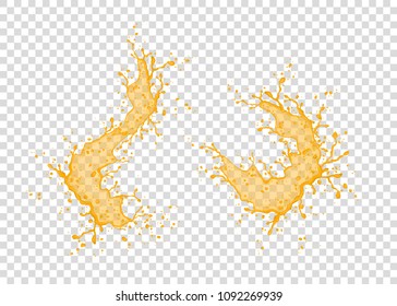 Orange, pineapple,  mango, papaya juice  splash and drops isolated on transparent background. Realistic vector texture.