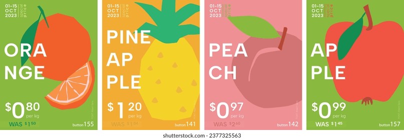 Orange, pineapple, peach, apple. Fruits poster set in flat colourful design. Price tag, label or poster. Flat vector illustration.