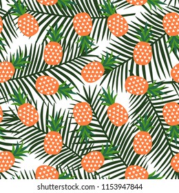 orange pineapple with triangles geometric fruit summer tropical exotic hawaii sweet pattern on a green palm leaves background seamless vector.