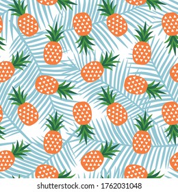 piña naranja con triángulos fruta geométrica verano tropical exótico hawaii patrón dulce sobre fondo de hojas de palma azul sin costura vectorial