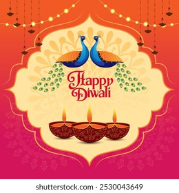 orange and pink background with hanging lanterns A decorative frame with two peacocks and three lit diyas is centered, with Happy Diwali in festive font conveying joy and celebration