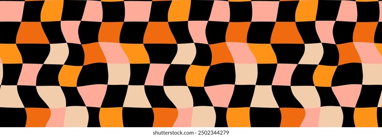 Orange Pink and Black Groovy Halloween Seamless Vector Check Pattern, Distorted Wavy Plaid Background