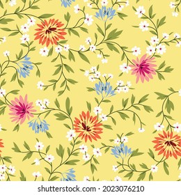 orangefarbene Rosa und blaue Vektorgrafik nahtlose Blumen mit grünem Laubmuster auf gelbem Hintergrund