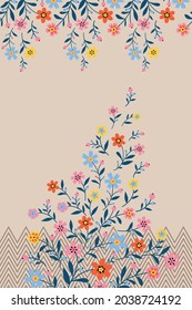 flores pequeñas de vector naranja rosa azul y amarillo con hojas patrón cuerpo de borde sobre fondo de rayas marrón crema