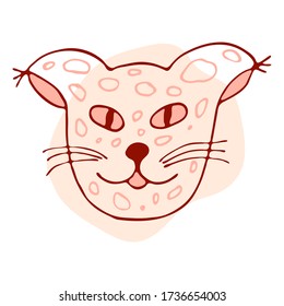 Orange pink cat in doodle style isolated on white background. Vector stock illustration. Hand drawing line art image. Design concept for cat cafe, children print.