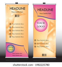 Orange and pink color rollup banner design, Roller Banner, Pull Up Banner with silver color metallic mockup template stand view, CMYK color rollup banner template with dummy text, mockup and icons.