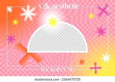 Orange pink crazy acid y2k aura aesthetic background. Bold graphic illustration with stars and light effects. With place for photo. Can be used as wallpaper. Stock vector illustration with kawaii mode