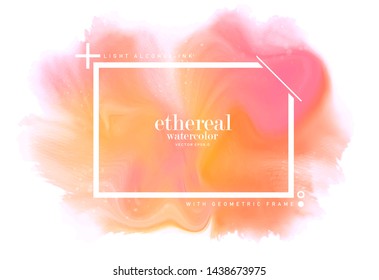 orange and pink ethereal water color splash.  magical golden texture on white background. fluid alcohol ink drops and splatters. abstract geometric frame with text space. 