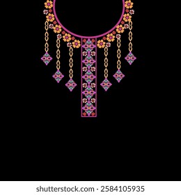 Orange and pink flower necklace with precious stones. Embroidery pattern on a black background. Vector element for design shirt pattern, lace, collar, bead decoration.