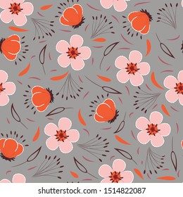 Orange and pink flowers and brown leaves on the grey background. Vector seamless pattern. Cute design for card, print, fabric.
