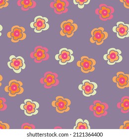 Orange and pink flowers vector repeat pattern in a simple doodle style on a lilac background