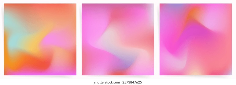 Orange Pink Gradient Background Set. Soft Warm Blurry Flow with Yellow Pastel Glow. Abstract Bright Vibrant Mesh Backdrop Design.