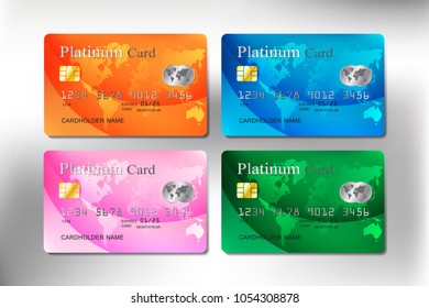 orange, pink, green, and blue color realistic credit card set for business and banking with vector illustration design eps 10