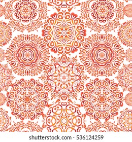 Orange, pink and red snowflakes on white background poster. Hand drawn design with abstract winter doodles. Vector Merry Christmas and Happy New Year lettering quote.