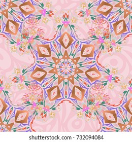 Orange and pink seamless background flower ornament pattern. Abstract arabesque background for greeting card, presentation or wedding invitations. Traditional vector gothic damask background.