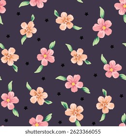 orange and pink seamless vector stock flowers with green leaves pattern on violet background