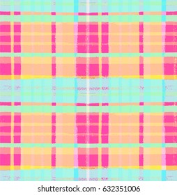 Orange, pink and turquoise vector checkwork trendy seamless pattern. Can be used for a chequered tablecloth or vintage dress or skirt. Checkered vintage textile design. Trendy summer abstract ornament