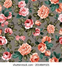 orange and pink  vector flowers with green leaves pattern on grey background