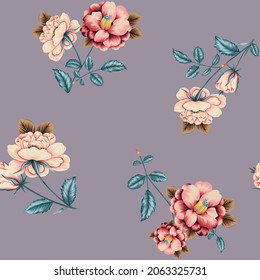 orange and pink vector flowers with green leaves bunches pattern on grey background