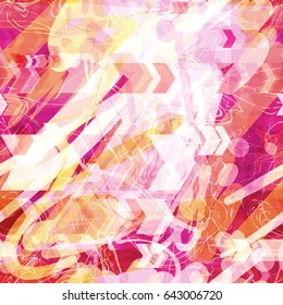 Orange, pink, white colors. Seamless texture from scribbles and arrows. Light background. Watercolor effect