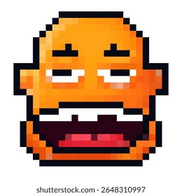 Personagem de arte de pixel laranja com uma expressão sonolenta e características exageradas, perfeito para desenhos retrô e nostalgia