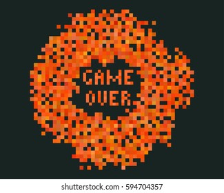 Orange pixel explosion. Game over. Retro video game background. Abstract vector technology design. 
