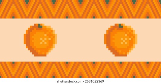 Patrón de verano sin fisuras de icono de píxel naranja con rayas estilizadas en zigzag. Fondo geométrico de verano con frutas. Video Estilo de juego retro. Perfecto para el diseño de verano retro, menús, telas, embalaje