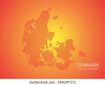 Orange pixel map of Denmark on orange background. Vector illustration.