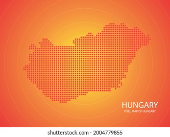 Orange pixel map of Hungary on orange background. Vector illustration.