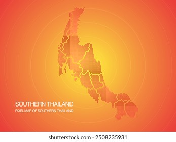 Orange pixel map of Southern Thailand on orange background. Vector illustration.