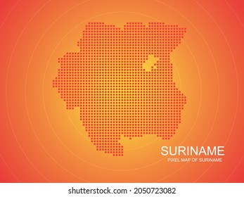 Orange pixel map of Suriname on orange background. Vector illustration.