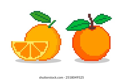 Vetor de conjunto de pixels laranja. Ilustração de frutas pixelizadas. 