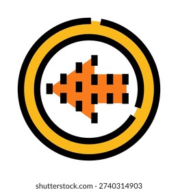 Orange pixelated arrow pointing left inside a yellow and black circular frame, representing previous, undo, or back navigation controls for user interface design