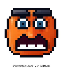 Orange pixelated face expressing shock and surprise with exaggerated features and bright colors displayed on a white background