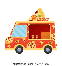 Orange pizza truck. Vector illustration on a white background.