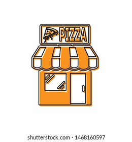Orange Pizzeria building facade icon isolated on white background. Fast food pizzeria kiosk. Vector Illustration