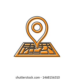 Orange Placeholder on map paper in perspective icon isolated on white background.  Vector Illustration