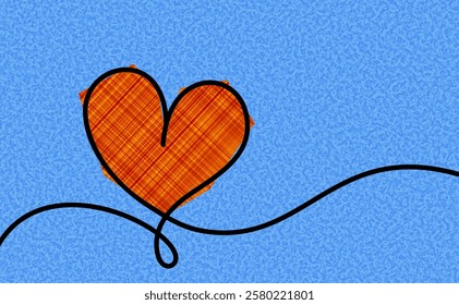 An orange plaid heart outlined in black with a flowing black line on a textured blue background. Vector illustration.