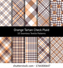 Orange plaid patterns set. Tartan check plaid collection for dress, jacket, skirt, tablecloth, or other summer and autumn textile prints. Glen, tweed, herringbone, pixel textures.