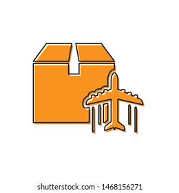 Orange Plane and cardboard box icon isolated on white background. Delivery, transportation. Cargo delivery by air. Airplane with parcels, boxes.  Vector Illustration