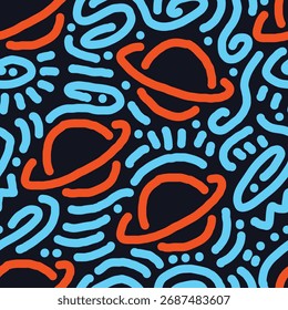 Orange Planet mit abstrakten doodle nahtlose Muster.