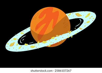 An orange planet with an asteroid belt, located somewhere in vastness of universe. Cosmic body lost in interstellar space. Space day. One icon isolated on  black background. Cute and cartoony.