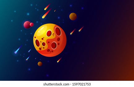 Orange planet in blue space with comets and stars. Planetary system in space.