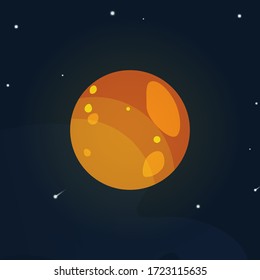 The orange planet is like Jupiter. The planet flying in outer space among stars and comets. The yellow planet in cartoon style, glows with a pleasant yellow color.
