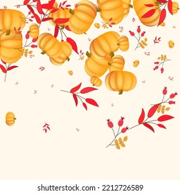 Orange Plant Background Beige Vector. Leaf Fall. Gold Happy Frame. Picking Template. Burgundy Pumpkin Oak Illustration.