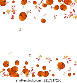 Orange Plant Background White Vector. Leaves Pumpkins. Colorful Wreath Template. Cute Texture. Yellow Vegetable Abstract Border.