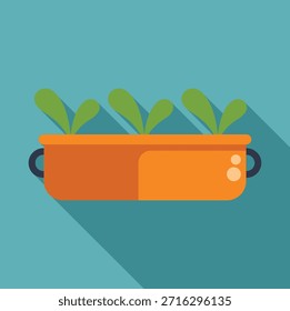 Caja de jardinera naranja con hierbas que crecen en una caja de ventana con una sombra larga sobre un fondo azul