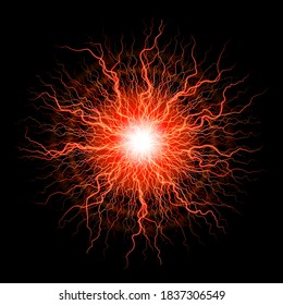 Orange Plasma Light Effect. Energy Charge, Static Electricity Lightning On Black Background. Fireball Lightning, Orange Thunderbolt