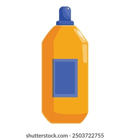 Orange plastic bottle with blue label for shampoo, shower gel, liquid soap, detergent or other hygiene and cleaning products